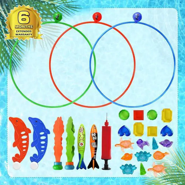 Alt view image 7 of 7 - Pool Toys Diving Rings - 28PCS Swim Thru Rings Pool Game Diving Toys with Dive Ring Underwater Treasures Torpedo Bandits Fish Toy Fun Water Swimming Toy for Boys Girls Kids Teens Adults