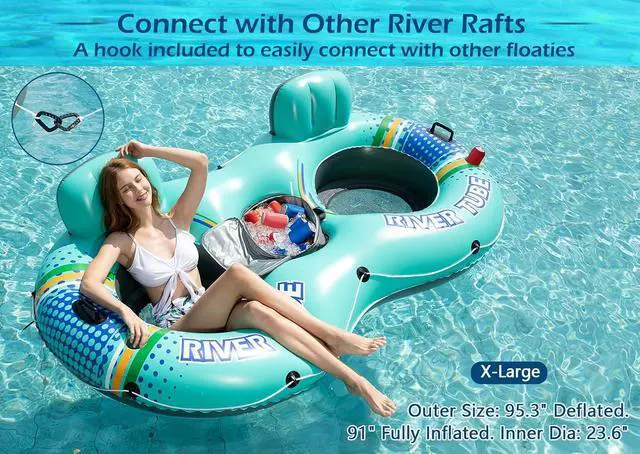 Alt view image 5 of 7 - Heavy Duty 2 Person Inflatable River/Pool Tube Float with Removable Cooler, Tubes for Lake, Floating River Raft Lounge Floatie with 2 cup Holders For Adults, Cyan