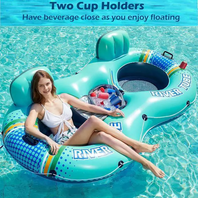 Alt view image 2 of 7 - Heavy Duty 2 Person Inflatable River/Pool Tube Float with Removable Cooler, Tubes for Lake, Floating River Raft Lounge Floatie with 2 cup Holders For Adults, Cyan