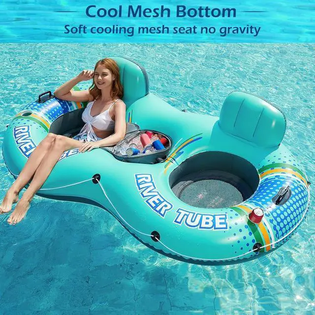 Alt view image 3 of 7 - Heavy Duty 2 Person Inflatable River/Pool Tube Float with Removable Cooler, Tubes for Lake, Floating River Raft Lounge Floatie with 2 cup Holders For Adults, Cyan