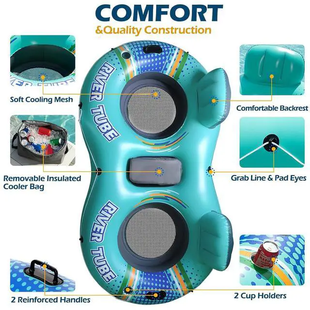 Alt view image 7 of 7 - Heavy Duty 2 Person Inflatable River/Pool Tube Float with Removable Cooler, Tubes for Lake, Floating River Raft Lounge Floatie with 2 cup Holders For Adults, Cyan