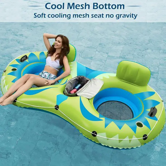 Alt view image 3 of 7 - Inflatable River Tube Float - 2 Person Heavy Duty River Float Pool Floats with Removable Cooler Lake Water Tubes for Floating River Raft Lounge Floatie with 2 Cup Holders for Adults (YG)