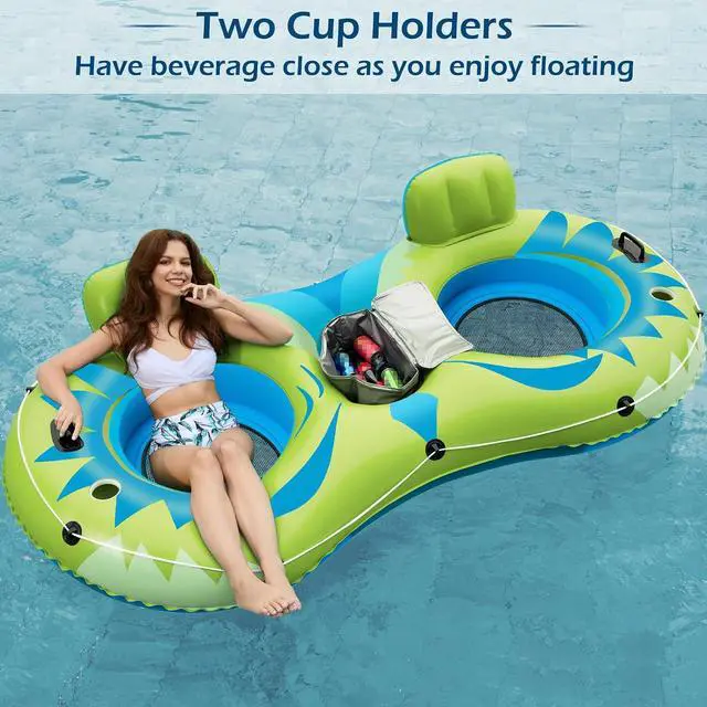 Alt view image 2 of 7 - Inflatable River Tube Float - 2 Person Heavy Duty River Float Pool Floats with Removable Cooler Lake Water Tubes for Floating River Raft Lounge Floatie with 2 Cup Holders for Adults (YG)