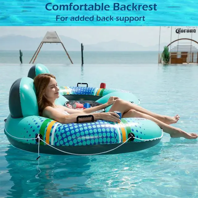 Alt view image 4 of 7 - Heavy Duty 2 Person Inflatable River/Pool Tube Float with Removable Cooler, Tubes for Lake, Floating River Raft Lounge Floatie with 2 cup Holders For Adults, Cyan