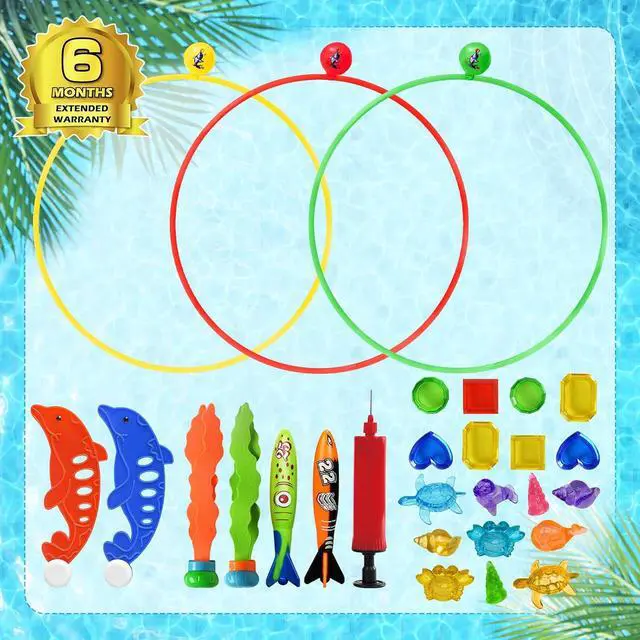 Alt view image 7 of 7 - Pool Toys Diving Rings - 28PCS Swim Thru Rings Pool Game Diving Toys with Dive Ring Underwater Treasures Torpedo Bandits Fish Toy Fun Water Swimming Toys for Boys Girls Kids (Muticolor)