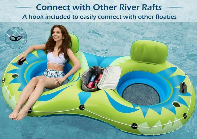 Alt view image 5 of 7 - Inflatable River Tube Float - 2 Person Heavy Duty River Float Pool Floats with Removable Cooler Lake Water Tubes for Floating River Raft Lounge Floatie with 2 Cup Holders for Adults (YG)