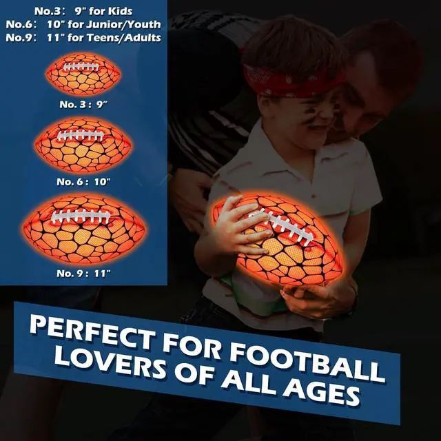 Alt view image 7 of 7 - Glow in The Dark Football - Strong Grip Light Up Football Toy Stuff Gift Outdoor Sports Ball for Boys Kids Teen Junior Youth Adult Christmas Birthday Gifts for Ages 6-8 8-12 13+ Year Old