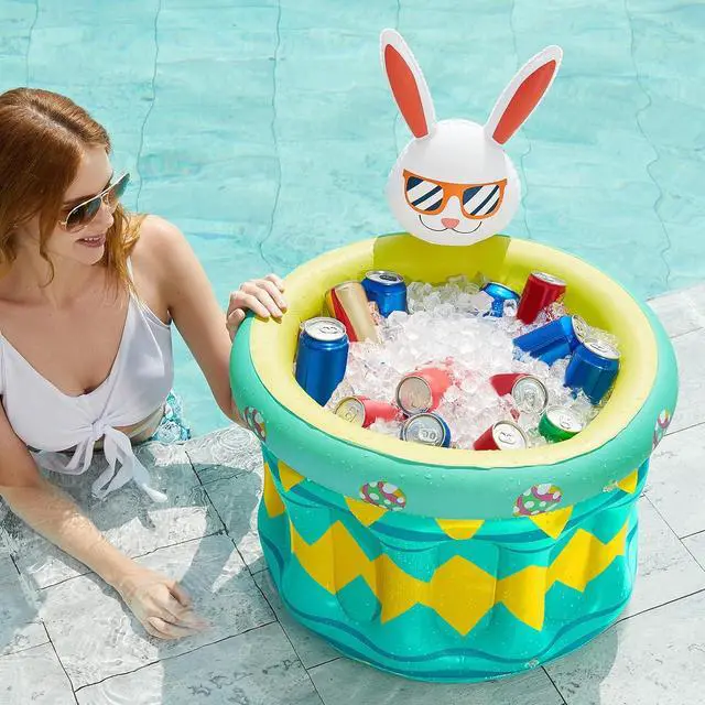 Alt view image 6 of 7 - Inflatable Pool Party Cooler - Easter Bunny Ice Bucket Luau Hawaiian Tropical Beach Themed Birthday Easter Party Decorations Favors Outdoor Decor Pool Games Set for Kids Adults