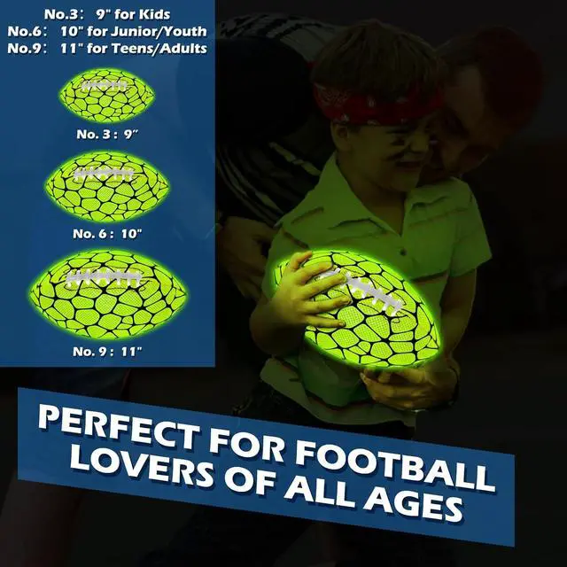 Alt view image 7 of 7 - Glow in The Dark Football - Strong Grip Light Up Football Toy Stuff Gift Outdoor Sports Ball for Boys Kids Teen Junior Youth Adult Christmas Birthday Gifts for Ages 6-8 8-12 13+ Year Old