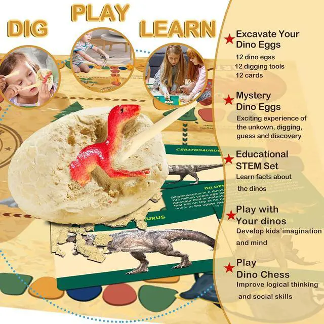 Alt view image 2 of 7 - Dino Fossil Eggs Dinosaur Toys - 12 Dinosaur Eggs Dig Excavation Kit w Play Mat for Kids Ages 5-7 Easter Basket Essentials STEM Toy Christmas Birthday Gift for Boys Girls 3 4 5 6 7 8 + 8-13 Years Old
