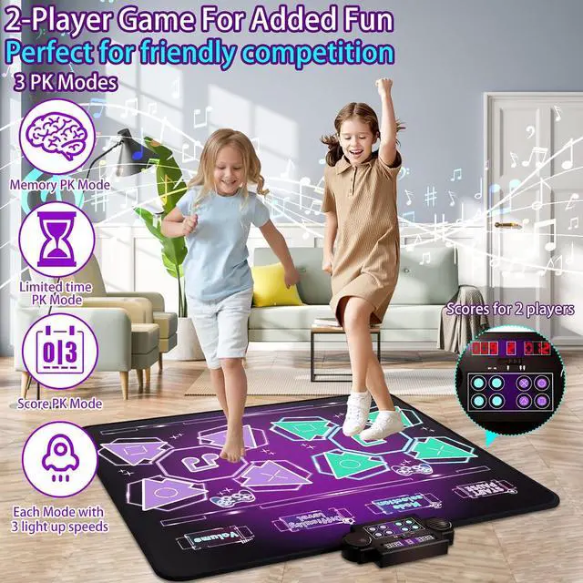 Alt view image 2 of 7 - Kids Dance Mat Toys - 2-Player Dance Pad Gifts for Girls Boys Toddlers 3 4 5 6 7 8 9 + Year Old Electronic Dancing Mat Floor Games Toy with Music Light Christmas Birthday Gift (Purple)