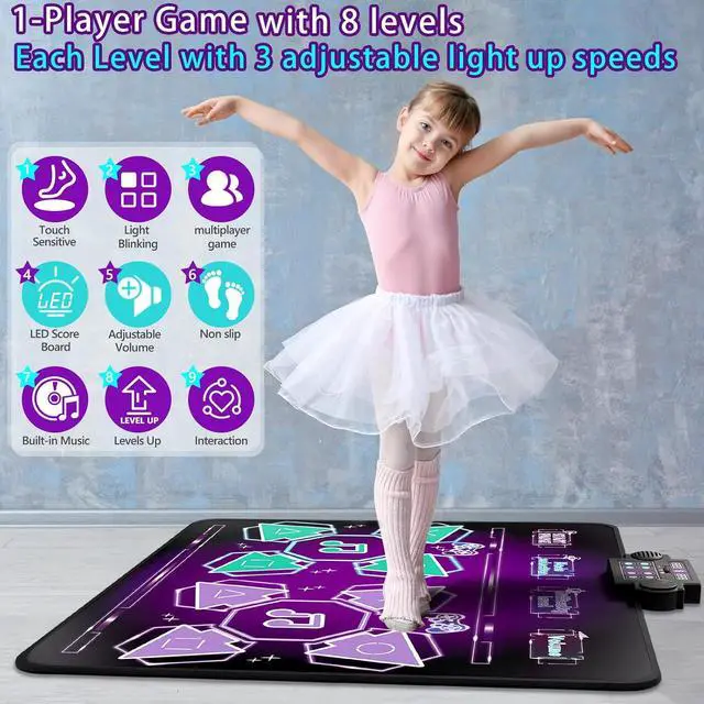 Alt view image 4 of 7 - Kids Dance Mat Toys - 2-Player Dance Pad Gifts for Girls Boys Toddlers 3 4 5 6 7 8 9 + Year Old Electronic Dancing Mat Floor Games Toy with Music Light Christmas Birthday Gift (Purple)