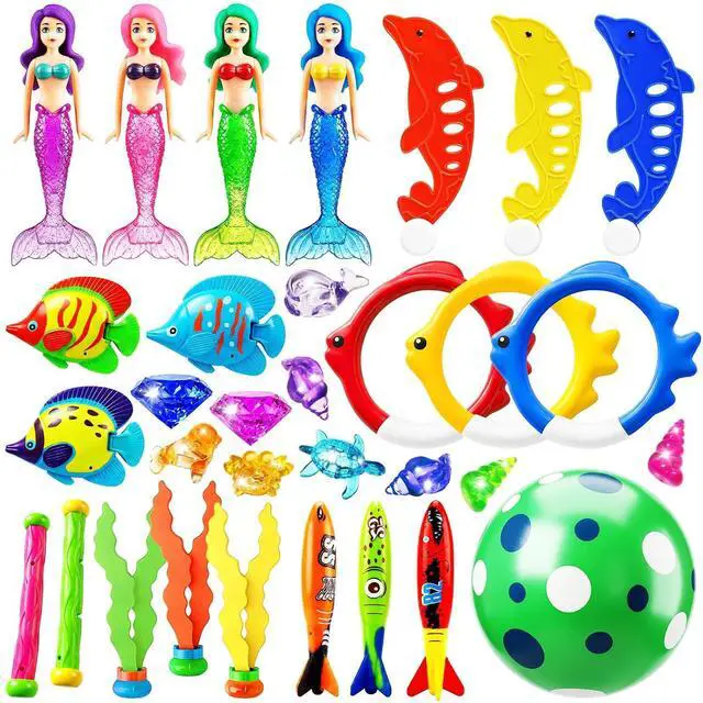 Main image of Pool Diving Toys Games - 32PCS Swimming Mermaid Pool Toys with Dive Rings Gems Beach Ball Underwater Treasures Torpedo Bandits Fish Swim Toy etc Bath Water Toy Training Gifts for Kids Adult