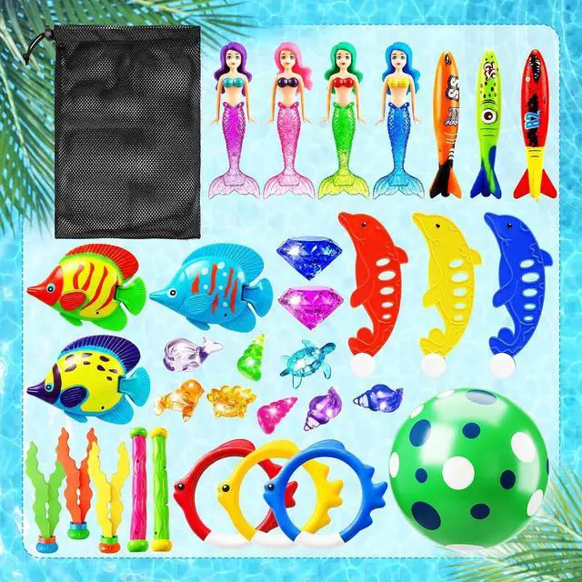 Alt view image 4 of 7 - Pool Diving Toys Games - 32PCS Swimming Mermaid Pool Toys with Dive Rings Gems Beach Ball Underwater Treasures Torpedo Bandits Fish Swim Toy etc Bath Water Toy Training Gifts for Kids Adult