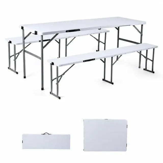 Main image of Folding Picnic Table Set, 6FT Camping Table with 2 Benches, Portable Table with Chairs, 3 Piece Furniture for Indoor/Outdoor Use, with Wood Grain Surface, for Camping Patio Backyard