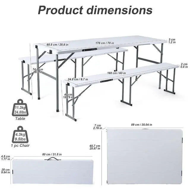 Alt view image 2 of 7 - Folding Picnic Table Set, 6FT Camping Table with 2 Benches, Portable Table with Chairs, 3 Piece Furniture for Indoor/Outdoor Use, with Wood Grain Surface, for Camping Patio Backyard