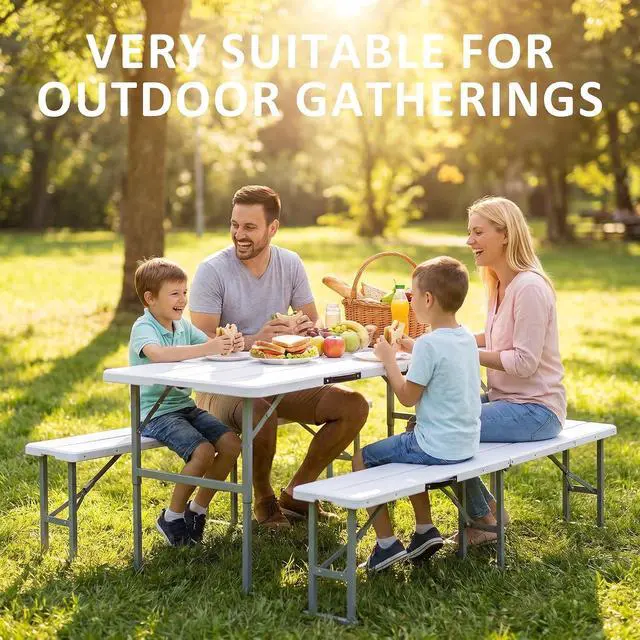 Alt view image 3 of 7 - Folding Picnic Table Set, 6FT Camping Table with 2 Benches, Portable Table with Chairs, 3 Piece Furniture for Indoor/Outdoor Use, with Wood Grain Surface, for Camping Patio Backyard