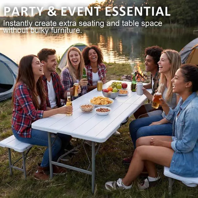 Alt view image 5 of 7 - Folding Picnic Table Set, 6FT Camping Table with 2 Benches, Portable Table with Chairs, 3 Piece Furniture for Indoor/Outdoor Use, with Wood Grain Surface, for Camping Patio Backyard