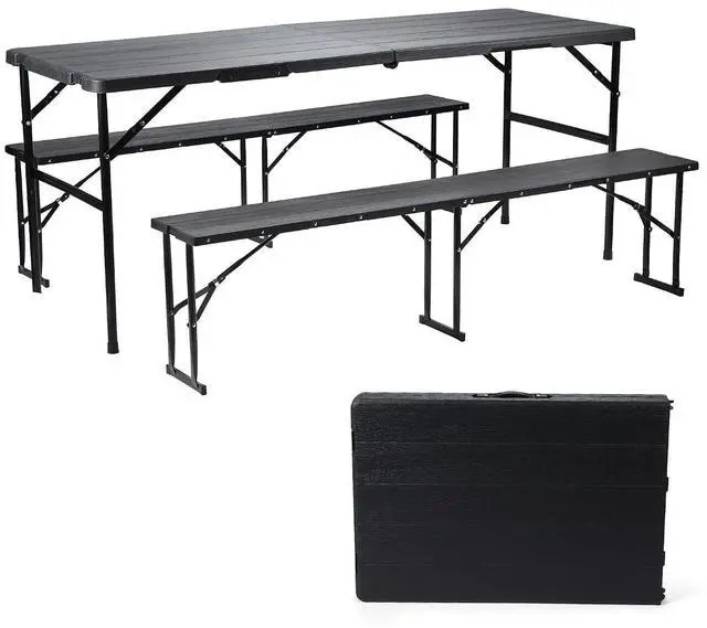 Main image of Folding Picnic Table Set, 6FT Plastic Camping Table with 2 Benches, Portable Table with Chairs, 3 Piece Furniture for Indoor/Outdoor Use, with Wood Grain Surface, for Camping Patio Backyard