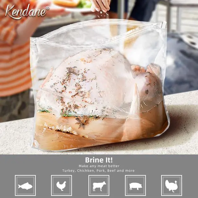 Alt view image 5 of 7 - Turkey Brining Bags Set of 2-26"×22" Extra Large Brine Bag Holds up to 35lb- Double Zippers Seal Brine Bags with 2 cotton Strings for Turkey, Chicken, Beef, Pork by Kendane