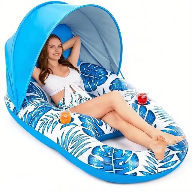 Main image of Pool Float with Canopy - Inflatable Pool Floaties Adult Lounger Floats Raft Floating Chair with Cup Holders for Swimming Pool Lake Water Lounge Float Beach Pool Party Toys for Adults