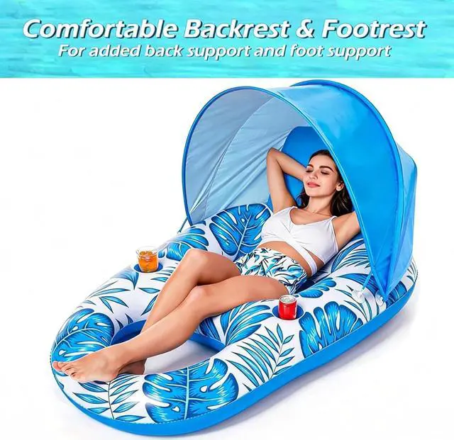 Alt view image 2 of 7 - Pool Float with Canopy - Inflatable Pool Floaties Adult Lounger Floats Raft Floating Chair with Cup Holders for Swimming Pool Lake Water Lounge Float Beach Pool Party Toys for Adults