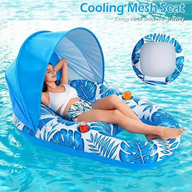 Alt view image 3 of 7 - Pool Float with Canopy - Inflatable Pool Floaties Adult Lounger Floats Raft Floating Chair with Cup Holders for Swimming Pool Lake Water Lounge Float Beach Pool Party Toys for Adults