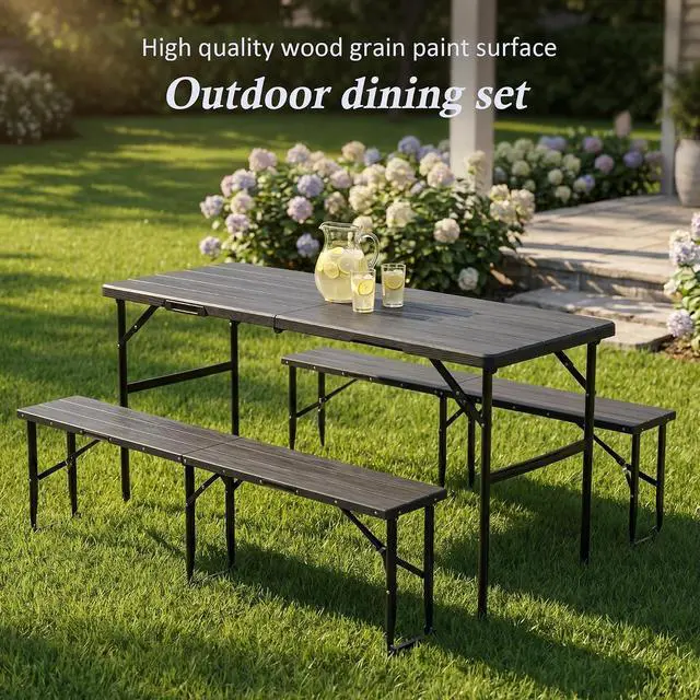Alt view image 2 of 7 - Folding Picnic Table Set, 6FT Plastic Camping Table with 2 Benches, Portable Table with Chairs, 3 Piece Furniture for Indoor/Outdoor Use, with Wood Grain Surface, for Camping Patio Backyard