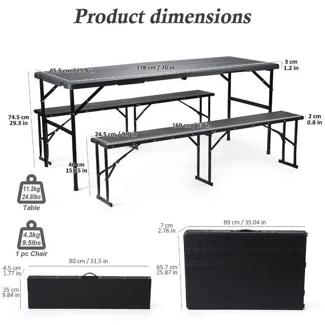 Alt view image 5 of 7 - Folding Picnic Table Set, 6FT Plastic Camping Table with 2 Benches, Portable Table with Chairs, 3 Piece Furniture for Indoor/Outdoor Use, with Wood Grain Surface, for Camping Patio Backyard