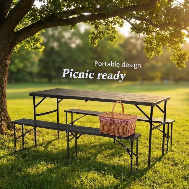 Alt view image 3 of 7 - Folding Picnic Table Set, 6FT Plastic Camping Table with 2 Benches, Portable Table with Chairs, 3 Piece Furniture for Indoor/Outdoor Use, with Wood Grain Surface, for Camping Patio Backyard