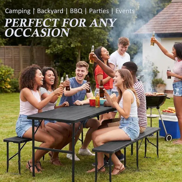 Alt view image 4 of 7 - Folding Picnic Table Set, 6FT Plastic Camping Table with 2 Benches, Portable Table with Chairs, 3 Piece Furniture for Indoor/Outdoor Use, with Wood Grain Surface, for Camping Patio Backyard