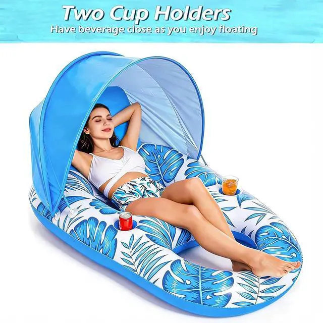Alt view image 5 of 7 - Pool Float with Canopy - Inflatable Pool Floaties Adult Lounger Floats Raft Floating Chair with Cup Holders for Swimming Pool Lake Water Lounge Float Beach Pool Party Toys for Adults