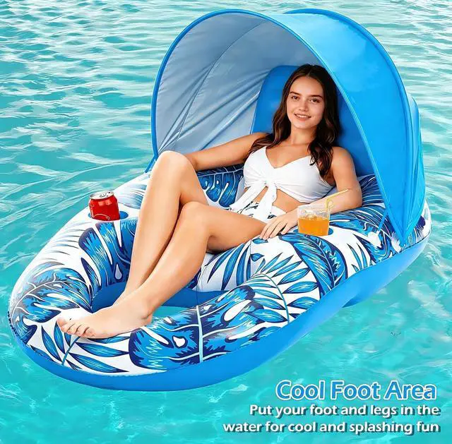 Alt view image 7 of 7 - Pool Float with Canopy - Inflatable Pool Floaties Adult Lounger Floats Raft Floating Chair with Cup Holders for Swimming Pool Lake Water Lounge Float Beach Pool Party Toys for Adults