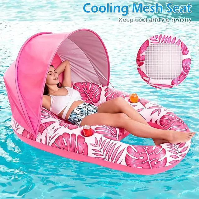 Alt view image 3 of 7 - Pool Float with Canopy - Inflatable Pool Floaties Adult Lounger Floats Raft Floating Chair with Cup Holders for Swimming Pool Lake Water Lounge Float Beach Pool Party Toys for Adults