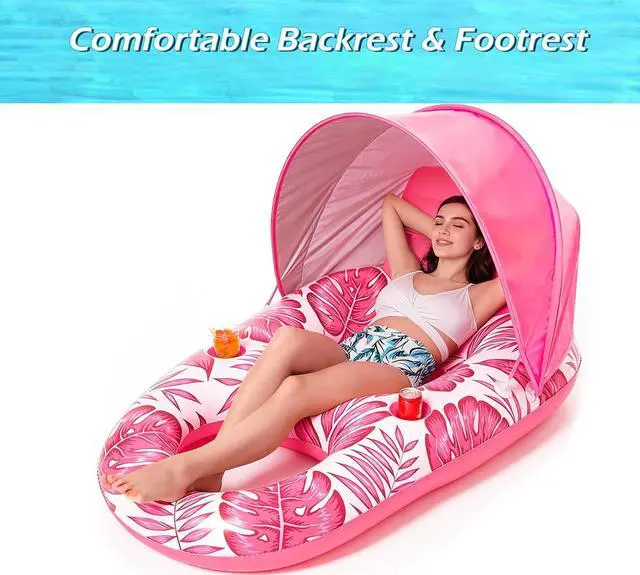 Alt view image 2 of 7 - Pool Float with Canopy - Inflatable Pool Floaties Adult Lounger Floats Raft Floating Chair with Cup Holders for Swimming Pool Lake Water Lounge Float Beach Pool Party Toys for Adults