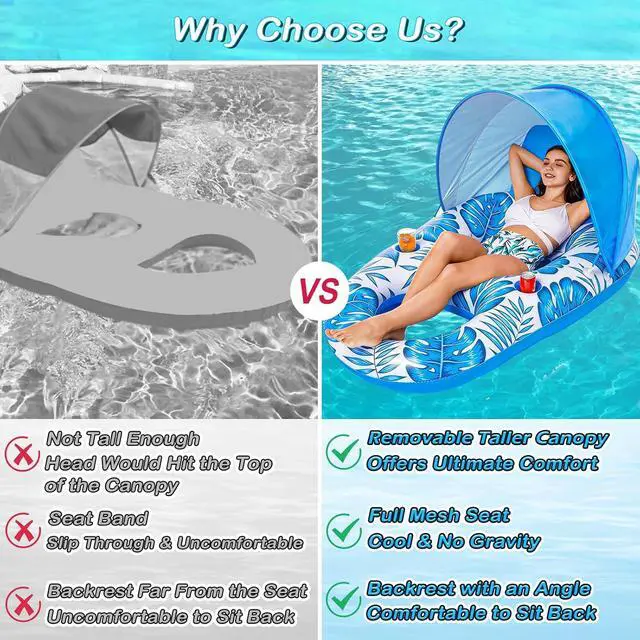 Alt view image 6 of 7 - Pool Float with Canopy - Inflatable Pool Floaties Adult Lounger Floats Raft Floating Chair with Cup Holders for Swimming Pool Lake Water Lounge Float Beach Pool Party Toys for Adults