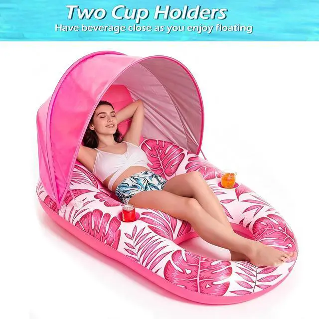 Alt view image 5 of 7 - Pool Float with Canopy - Inflatable Pool Floaties Adult Lounger Floats Raft Floating Chair with Cup Holders for Swimming Pool Lake Water Lounge Float Beach Pool Party Toys for Adults