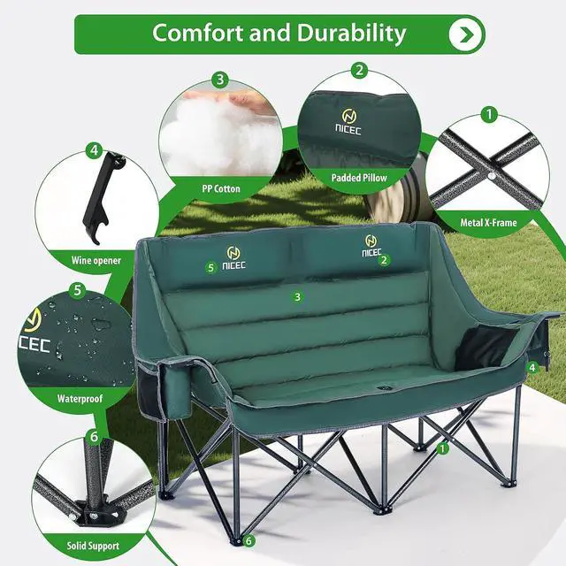 Alt view image 6 of 7 - Double Padded Camping Chair, Oversized Loveseat Camping Chair, Outdoor Camping Couch for Adults, Folding Bench, Lawn Chairs, Extra Padded, with Cup Holder, Cooler Bag, Bottle Opener (Green)