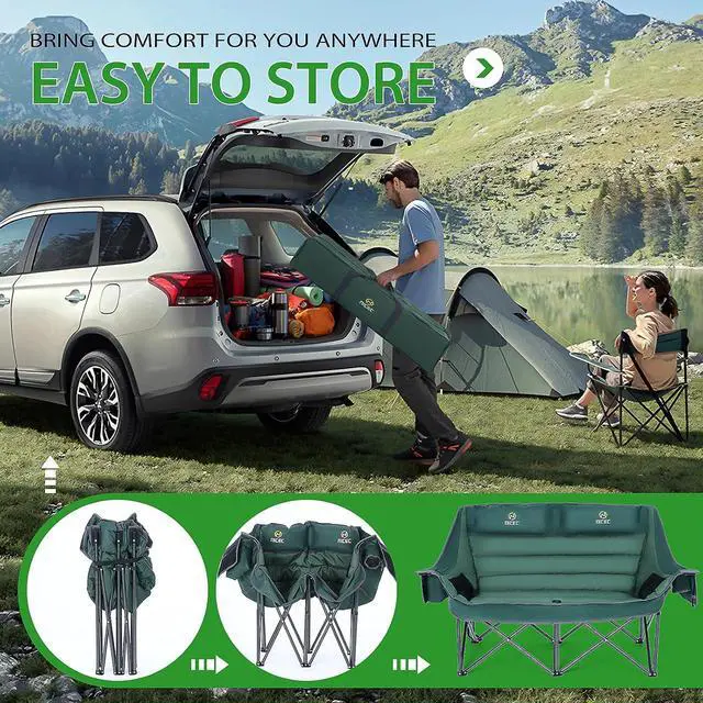 Alt view image 5 of 7 - Double Padded Camping Chair, Oversized Loveseat Camping Chair, Outdoor Camping Couch for Adults, Folding Bench, Lawn Chairs, Extra Padded, with Cup Holder, Cooler Bag, Bottle Opener (Green)