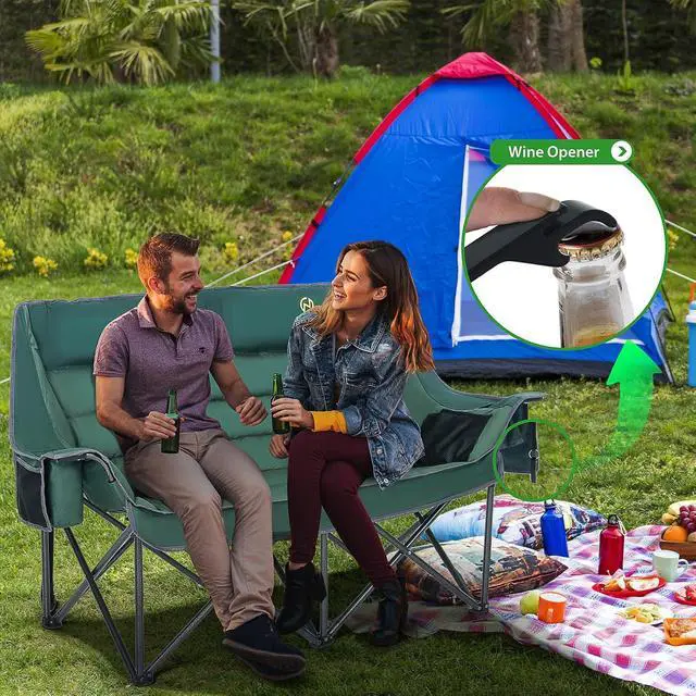 Alt view image 7 of 7 - Double Padded Camping Chair, Oversized Loveseat Camping Chair, Outdoor Camping Couch for Adults, Folding Bench, Lawn Chairs, Extra Padded, with Cup Holder, Cooler Bag, Bottle Opener (Green)