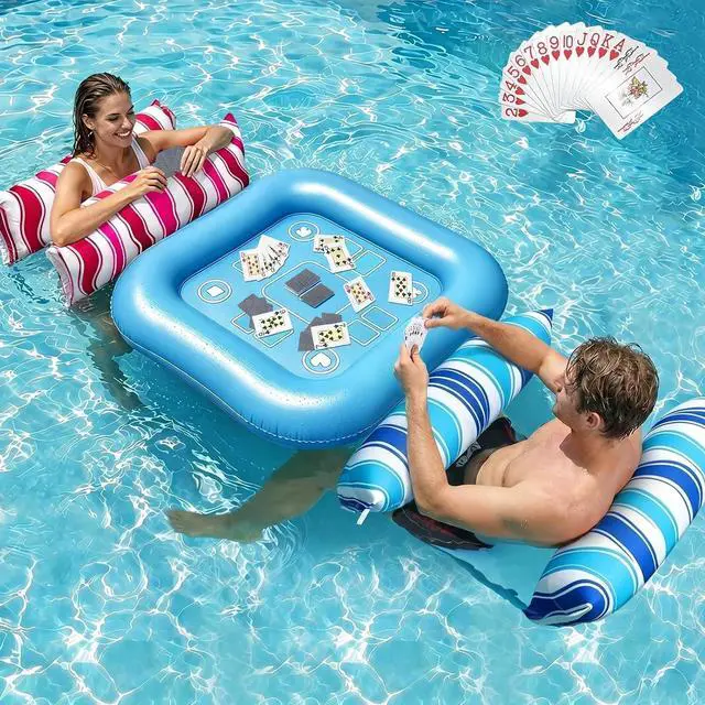 Main image of Pool Floats Adult Games - 2 Pack Fabric Inflatable Pool Floaties Water Hammock Chair w Floating Table Waterproof Playing Cards Party Game Toys Lake Lounger Raft Pool Hammock Float Floaty