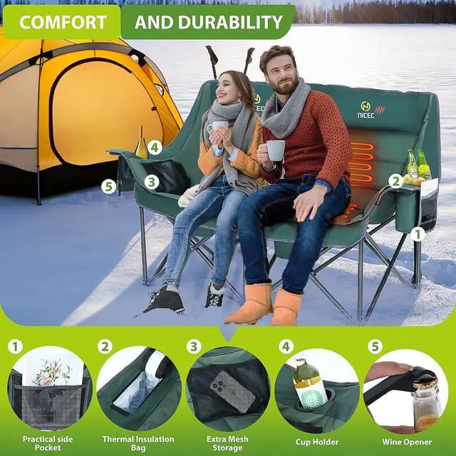 Alt view image 6 of 7 - Heated Camping Chair with Battery, Heated Double Camping Couch, Oversized Thick Padded Loveseat, Heated Folding Bench for Adults, with Cooler Bag, Bottle Opener, Power Bank (Green)