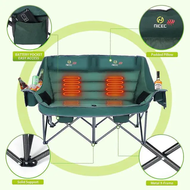 Alt view image 7 of 7 - Heated Camping Chair with Battery, Heated Double Camping Couch, Oversized Thick Padded Loveseat, Heated Folding Bench for Adults, with Cooler Bag, Bottle Opener, Power Bank (Green)
