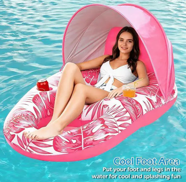 Alt view image 7 of 7 - Pool Float with Canopy - Inflatable Pool Floaties Adult Lounger Floats Raft Floating Chair with Cup Holders for Swimming Pool Lake Water Lounge Float Beach Pool Party Toys for Adults