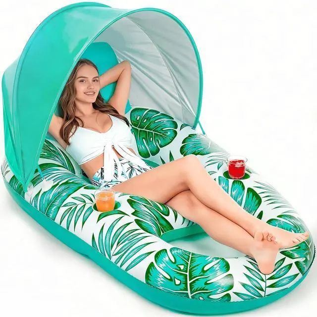 Main image of Pool Float with Canopy - Inflatable Pool Floaties Adult Lounger Floats Raft Floating Chair with Cup Holders for Swimming Pool Lake Water Lounge Float Beach Pool Party Toys for Adults