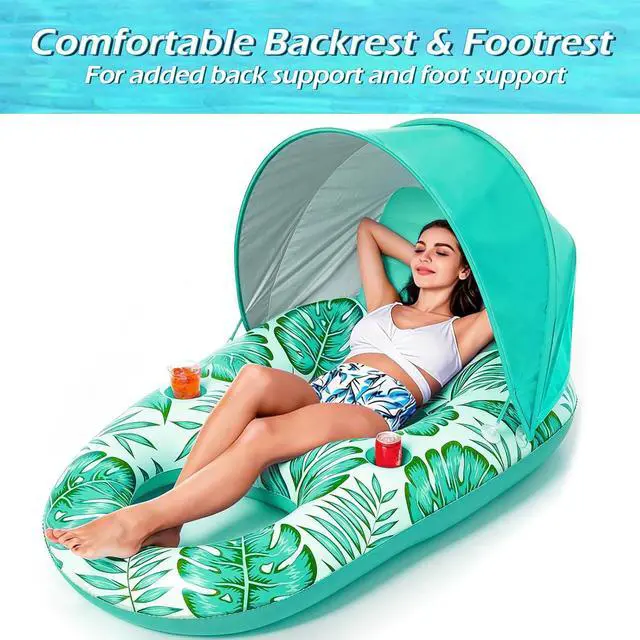 Alt view image 2 of 7 - Pool Float with Canopy - Inflatable Pool Floaties Adult Lounger Floats Raft Floating Chair with Cup Holders for Swimming Pool Lake Water Lounge Float Beach Pool Party Toys for Adults