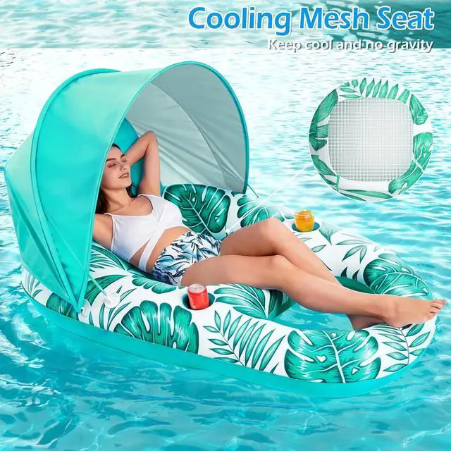 Alt view image 3 of 7 - Pool Float with Canopy - Inflatable Pool Floaties Adult Lounger Floats Raft Floating Chair with Cup Holders for Swimming Pool Lake Water Lounge Float Beach Pool Party Toys for Adults
