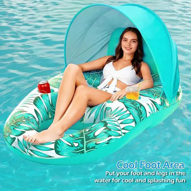Alt view image 7 of 7 - Pool Float with Canopy - Inflatable Pool Floaties Adult Lounger Floats Raft Floating Chair with Cup Holders for Swimming Pool Lake Water Lounge Float Beach Pool Party Toys for Adults