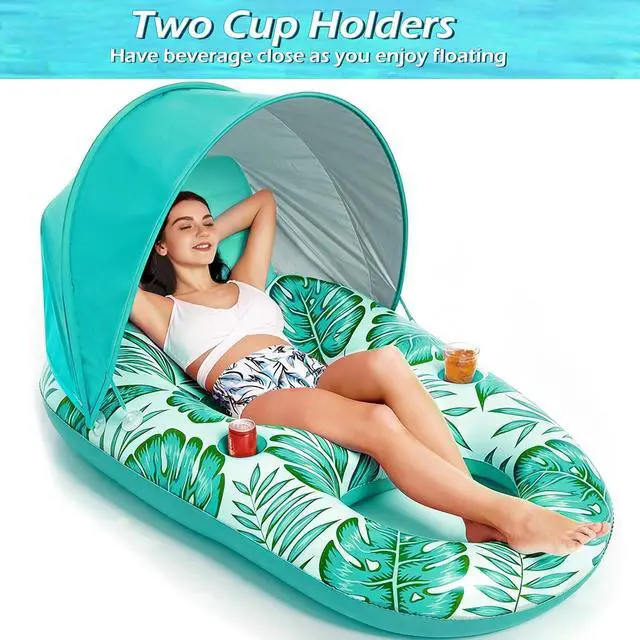 Alt view image 5 of 7 - Pool Float with Canopy - Inflatable Pool Floaties Adult Lounger Floats Raft Floating Chair with Cup Holders for Swimming Pool Lake Water Lounge Float Beach Pool Party Toys for Adults