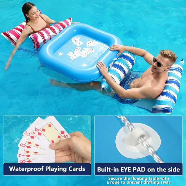 Alt view image 7 of 7 - Pool Floats Adult Games - 2 Pack Fabric Inflatable Pool Floaties Water Hammock Chair w Floating Table Waterproof Playing Cards Party Game Toys Lake Lounger Raft Pool Hammock Float Floaty